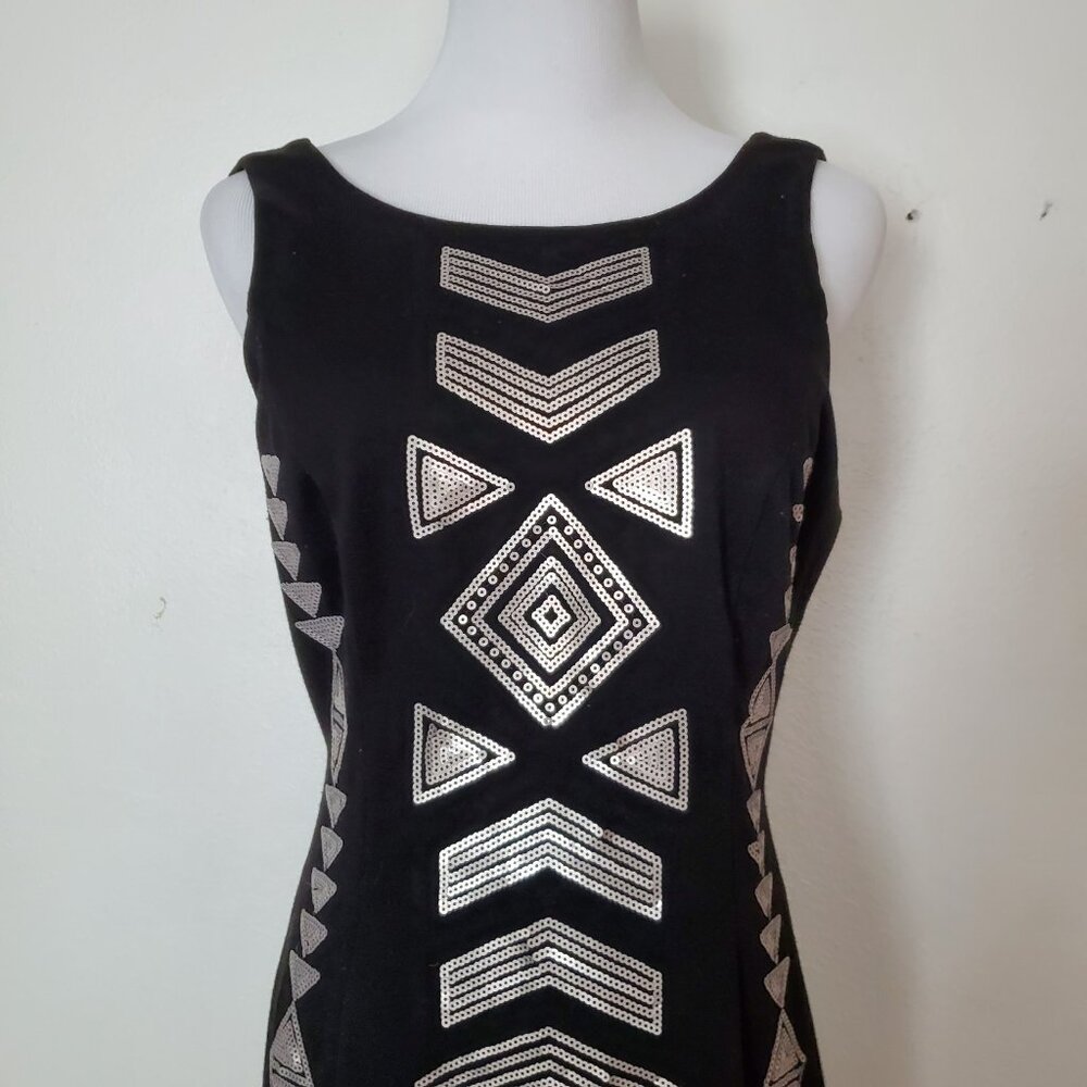 Design Lab Black Sleeveless Dress Large Geometric Tribal Print Partial Open Back - Picture 2 of 11